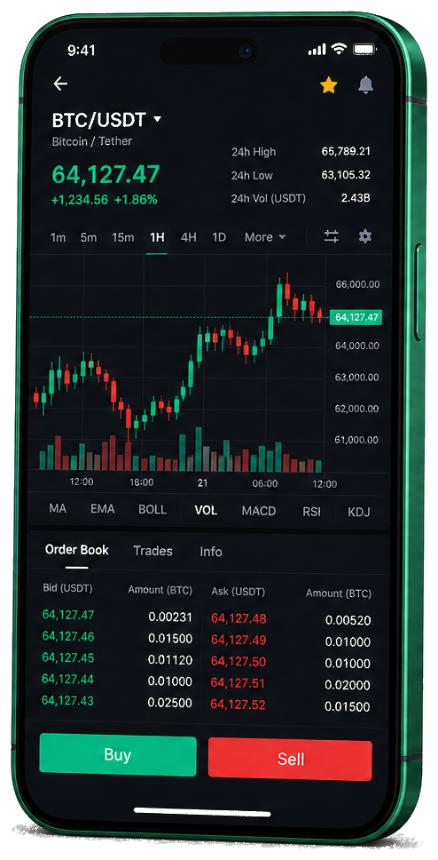 Krone Vinsthavn trading platform på mobil – live BTC/USDT chart, ordrebog og køb/salg interface